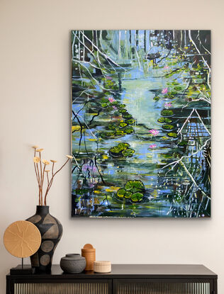 A quiet Waterlily pond with blue sky reflections and overhanging branches reflected in the water. The water ranges from softest blues to the deeper shadows
In dark tones and a pattern of branches reflected from the overhanging trees. A calming, restful piece to add quiet appreciation of Nature to your home. This work would suit a bedroom, entrance way or living area and a natural wood frame would complement the work however the painting will be sent ready to hang. 