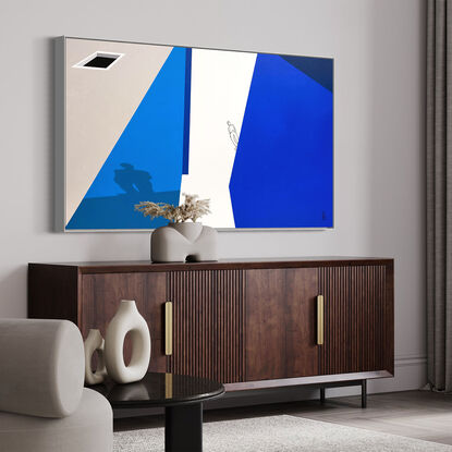 Extra Large black line art image with vibrant blue against neutral tones of gray and figurative imagery.