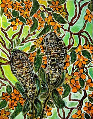 The central focus is on two large, textured  Banksia seed pods. The foliage is a lush green, forming a dense backdrop against which the flowers stand out.The background is a swirling mix of green and yellow, evoking a sense of warmth and vibrancy.