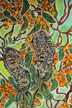 The central focus is on two large, textured  Banksia seed pods. The foliage is a lush green, forming a dense backdrop against which the flowers stand out.The background is a swirling mix of green and yellow, evoking a sense of warmth and vibrancy.