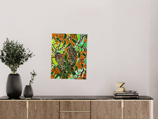 The central focus is on two large, textured  Banksia seed pods. The foliage is a lush green, forming a dense backdrop against which the flowers stand out.The background is a swirling mix of green and yellow, evoking a sense of warmth and vibrancy.