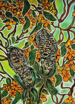 The central focus is on two large, textured  Banksia seed pods. The foliage is a lush green, forming a dense backdrop against which the flowers stand out.The background is a swirling mix of green and yellow, evoking a sense of warmth and vibrancy.