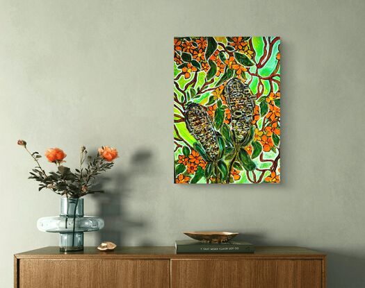 The central focus is on two large, textured  Banksia seed pods. The foliage is a lush green, forming a dense backdrop against which the flowers stand out.The background is a swirling mix of green and yellow, evoking a sense of warmth and vibrancy.