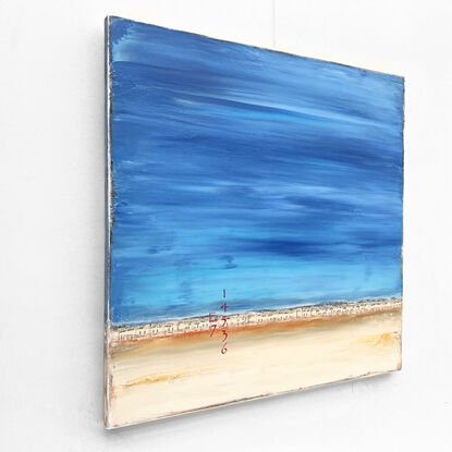 Contemporary coastal abstract minimalist beach art landscape seascape painting by Sabina D'Antonio, with blue and neutral colours.