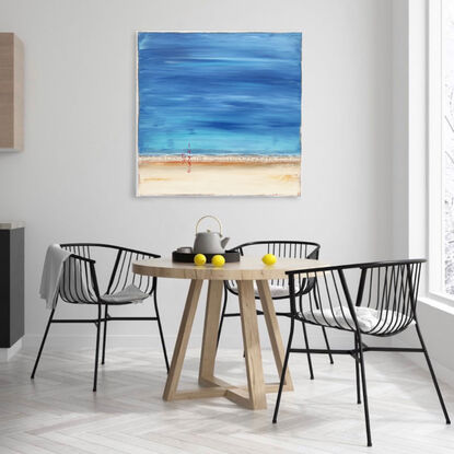 Contemporary coastal abstract minimalist beach art landscape seascape painting by Sabina D'Antonio, with blue and neutral colours.