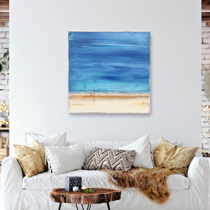 Contemporary coastal abstract minimalist beach art landscape seascape painting by Sabina D'Antonio, with blue and neutral colours.