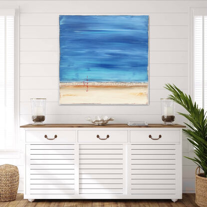 Contemporary coastal abstract minimalist beach art landscape seascape painting by Sabina D'Antonio, with blue and neutral colours.