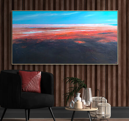 Afternoon's Tender Kiss  by Tania Chanter  is an evocative colourful abstract landscape painting that captures the tranquil yet dramatic moment as the day transitions into night. 
