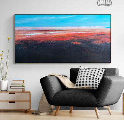 Afternoon's Tender Kiss  by Tania Chanter  is an evocative colourful abstract landscape painting that captures the tranquil yet dramatic moment as the day transitions into night. 
