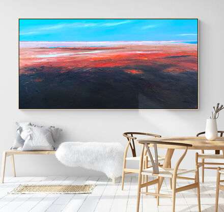 Afternoon's Tender Kiss  by Tania Chanter  is an evocative colourful abstract landscape painting that captures the tranquil yet dramatic moment as the day transitions into night. 
