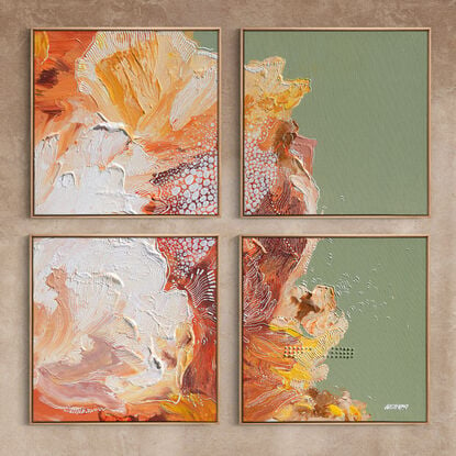 "Petal Prose" – A Celebration of Feminine Strength

Framed in natural oak, Petal Prose is a collection of four unique artworks that honor the beauty and strength of womanhood. Each piece in the series combines vibrant hues such as burnt orange, deep ochre, soft greens, and delicate whites to represent various facets of feminine energy.

The first artwork is characterized by bold brushstrokes and lively petals, symbolizing the spirit of emergence. The second artwork presents softer tones, evoking a sense of quiet introspection and inner strength. The third piece features rich textures and intricate patterns, celebrating the diverse experiences of women. The final piece embodies lightness and freedom, representing unity and the boundless potential of self-acceptance.

The title, Petal Prose, reflects the poetic stories woven into each painting, inviting viewers to appreciate the beauty in every detail. Like petals composing a flower, each artwork contributes to a greater narrative of women embracing their differences and finding strength together. The natural oak frames offer a grounding contrast to the vivid colors, highlighting the intricate details and the powerful themes of growth, transformation, and empowerment.