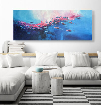 Decorative fish coloured in pinks, mauves and blues create an interesting and tableau of fish in the moment of playfully swimming through bubbles and gradients of colour.