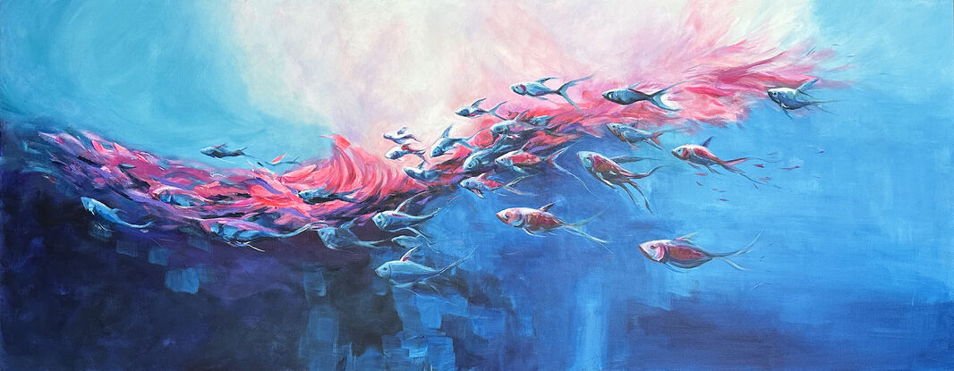 Decorative fish coloured in pinks, mauves and blues create an interesting and tableau of fish in the moment of playfully swimming through bubbles and gradients of colour.