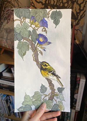 mixed media painting of a bird with morning glory flowers