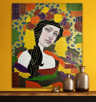 A beautiful young woman sits in a formal abstracted room. Art deco or nouveau style image, after Klimt. Golden embellishment over jewel  colours. 