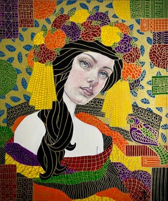 A beautiful young woman sits in a formal abstracted room. Art deco or nouveau style image, after Klimt. Golden embellishment over jewel  colours. 