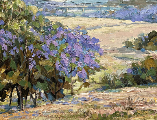 One of my favorites subjects to paint is the Jacaranda tree. During the spring of every year the Jacaranda trees in the small suburb of Sydney where I live are in full bloom.  But this work was Plein Air painting when I visited the Grafton 3 years ago where is the capital of Jacaranda in Australia.