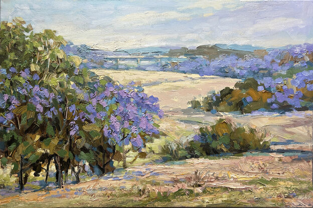 One of my favorites subjects to paint is the Jacaranda tree. During the spring of every year the Jacaranda trees in the small suburb of Sydney where I live are in full bloom.  But this work was Plein Air painting when I visited the Grafton 3 years ago where is the capital of Jacaranda in Australia.