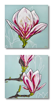 diptych of oversize magnolia flowers