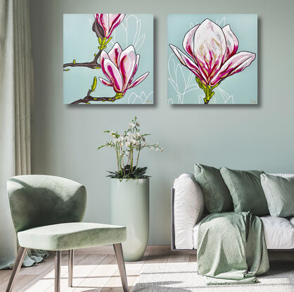 diptych of oversize magnolia flowers