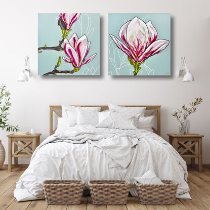 diptych of oversize magnolia flowers