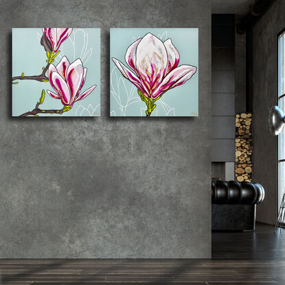 diptych of oversize magnolia flowers