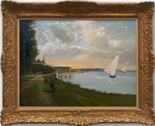 Shoreline at dusk with sailboats and a couple standing by the water