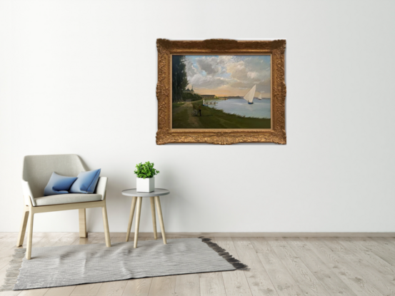 Shoreline at dusk with sailboats and a couple standing by the water