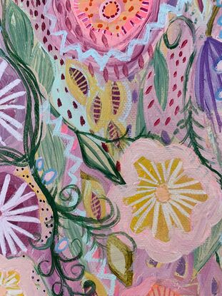 Abstract of flowers and trailing vines with lots of patterns 