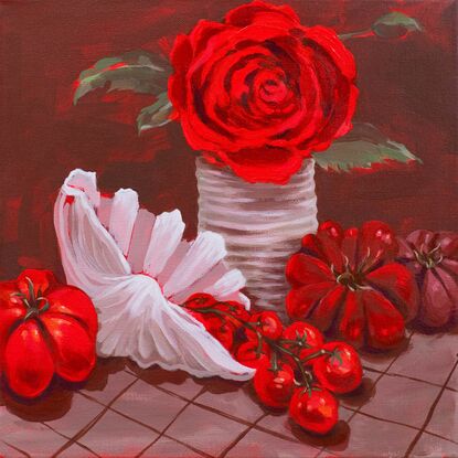 Juicy red tomatoes complimented with a gorgeous fragrant red rose. Cherry tomatoes spill out of a white clam shell. Heirloom tomatoes and a tin can complete the scene. The vibrant reds in the artwork and the bright red sides really make a statement.