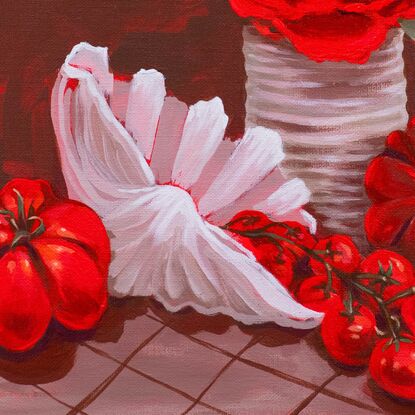 Juicy red tomatoes complimented with a gorgeous fragrant red rose. Cherry tomatoes spill out of a white clam shell. Heirloom tomatoes and a tin can complete the scene. The vibrant reds in the artwork and the bright red sides really make a statement.