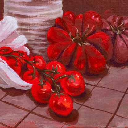 Juicy red tomatoes complimented with a gorgeous fragrant red rose. Cherry tomatoes spill out of a white clam shell. Heirloom tomatoes and a tin can complete the scene. The vibrant reds in the artwork and the bright red sides really make a statement.