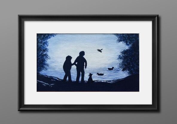 Two children and their dog visiting the duck pond and watching the ducks. The painting is in black and white and features three birds, two ducks swimming on the pond and a third taking off to fly away. The water and atmosphere are misty.