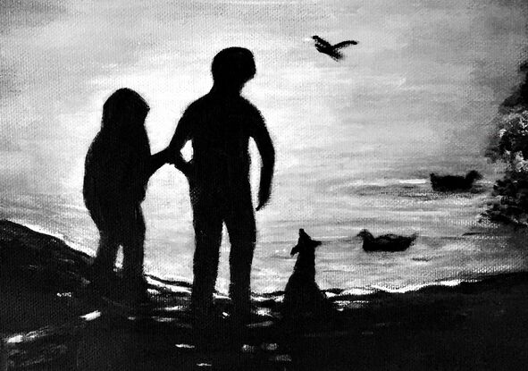 Two children and their dog visiting the duck pond and watching the ducks. The painting is in black and white and features three birds, two ducks swimming on the pond and a third taking off to fly away. The water and atmosphere are misty.