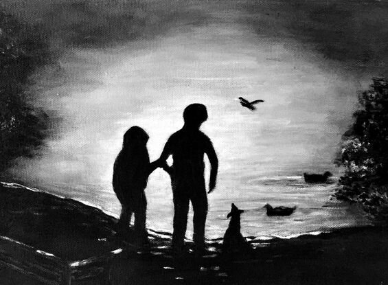 Two children and their dog visiting the duck pond and watching the ducks. The painting is in black and white and features three birds, two ducks swimming on the pond and a third taking off to fly away. The water and atmosphere are misty.