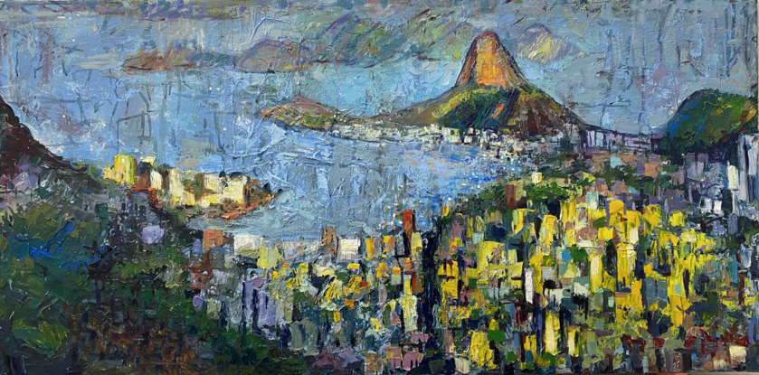 Rio De Janeiro painted from above the harbour with a view of Pao de Acucar- Sugar Loaf Mountain.  