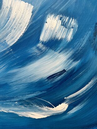 Large brushstrokes of white and dark navy on a muted blue background on sustainable canvas