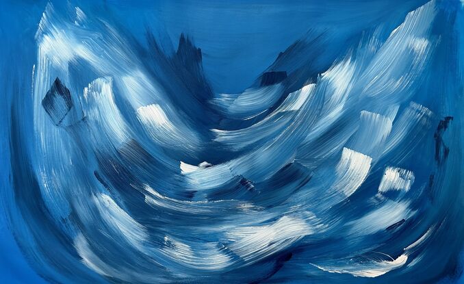 Large brushstrokes of white and dark navy on a muted blue background on sustainable canvas