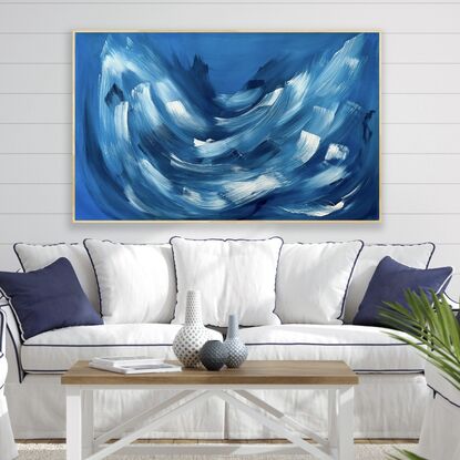 Large brushstrokes of white and dark navy on a muted blue background on sustainable canvas