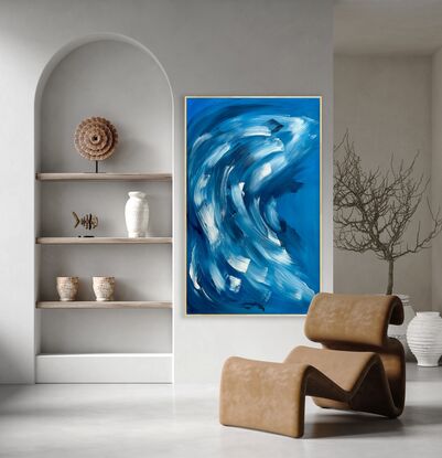 Large brushstrokes of white and dark navy on a muted blue background on sustainable canvas