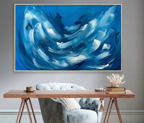 Large brushstrokes of white and dark navy on a muted blue background on sustainable canvas