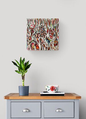 This painting presents a dynamic composition featuring interwoven, abstract lines and organic shapes. The visual structure is dominated by vertical, flowing strokes resembling branches, gum leaves, and pods. Clusters of smaller shapes suggest native Australian flora, all outlined with bold, dark lines that create contrast and definition.

The background is textured and primarily light, allowing the vivid colors—reds, oranges, greens, and purples—to pop against it. The arrangement of the elements creates a sense of movement and rhythm, as if the forms are swaying or growing upward. 