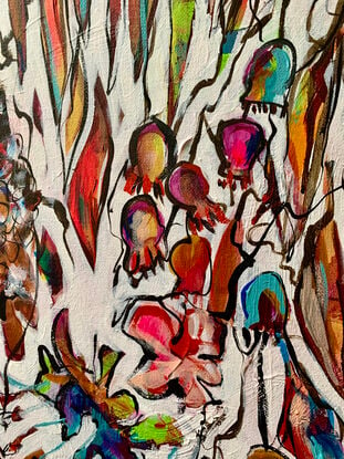 This painting presents a dynamic composition featuring interwoven, abstract lines and organic shapes. The visual structure is dominated by vertical, flowing strokes resembling branches, gum leaves, and pods. Clusters of smaller shapes suggest native Australian flora, all outlined with bold, dark lines that create contrast and definition.

The background is textured and primarily light, allowing the vivid colors—reds, oranges, greens, and purples—to pop against it. The arrangement of the elements creates a sense of movement and rhythm, as if the forms are swaying or growing upward. 