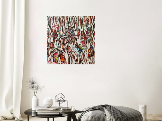 This painting presents a dynamic composition featuring interwoven, abstract lines and organic shapes. The visual structure is dominated by vertical, flowing strokes resembling branches, gum leaves, and pods. Clusters of smaller shapes suggest native Australian flora, all outlined with bold, dark lines that create contrast and definition.

The background is textured and primarily light, allowing the vivid colors—reds, oranges, greens, and purples—to pop against it. The arrangement of the elements creates a sense of movement and rhythm, as if the forms are swaying or growing upward. 