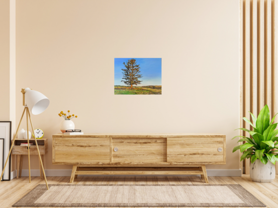 A landscape oil painting of a solitary tree with a park bench underneath. 