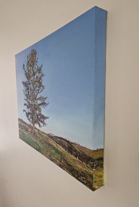 A landscape oil painting of a solitary tree with a park bench underneath. 