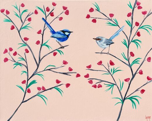 A couple of Fairy wren  in springtime 
Background sweet pink lightly textured 
On premium canvas coton .
I built my painting with realistic birds portraits but with a poetic bush deco a little bit mimalist to give a feeling of light and freedom..
It just perfect in any room who need something sweet! 
Hope you have a crush on this painting it was a pleasure to work on it .ready to hang with D ring this painting is slightly varnished with a Matt varnish.
Each painting is provided with a certificate of authenticity.
Wrapped securely with bubbles layers and thick cardboards.