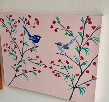 A couple of Fairy wren  in springtime 
Background sweet pink lightly textured 
On premium canvas coton .
I built my painting with realistic birds portraits but with a poetic bush deco a little bit mimalist to give a feeling of light and freedom..
It just perfect in any room who need something sweet! 
Hope you have a crush on this painting it was a pleasure to work on it .ready to hang with D ring this painting is slightly varnished with a Matt varnish.
Each painting is provided with a certificate of authenticity.
Wrapped securely with bubbles layers and thick cardboards.