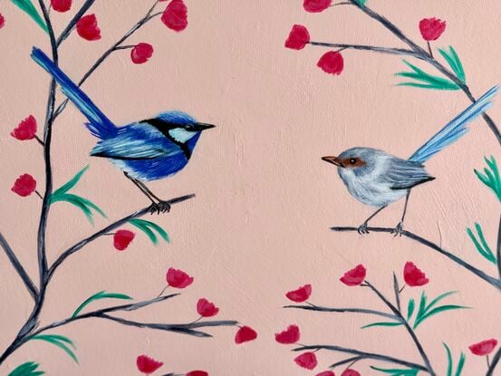 A couple of Fairy wren  in springtime 
Background sweet pink lightly textured 
On premium canvas coton .
I built my painting with realistic birds portraits but with a poetic bush deco a little bit mimalist to give a feeling of light and freedom..
It just perfect in any room who need something sweet! 
Hope you have a crush on this painting it was a pleasure to work on it .ready to hang with D ring this painting is slightly varnished with a Matt varnish.
Each painting is provided with a certificate of authenticity.
Wrapped securely with bubbles layers and thick cardboards.