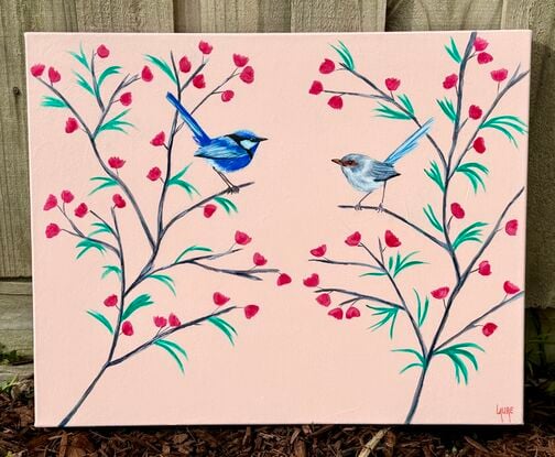 A couple of Fairy wren  in springtime 
Background sweet pink lightly textured 
On premium canvas coton .
I built my painting with realistic birds portraits but with a poetic bush deco a little bit mimalist to give a feeling of light and freedom..
It just perfect in any room who need something sweet! 
Hope you have a crush on this painting it was a pleasure to work on it .ready to hang with D ring this painting is slightly varnished with a Matt varnish.
Each painting is provided with a certificate of authenticity.
Wrapped securely with bubbles layers and thick cardboards.